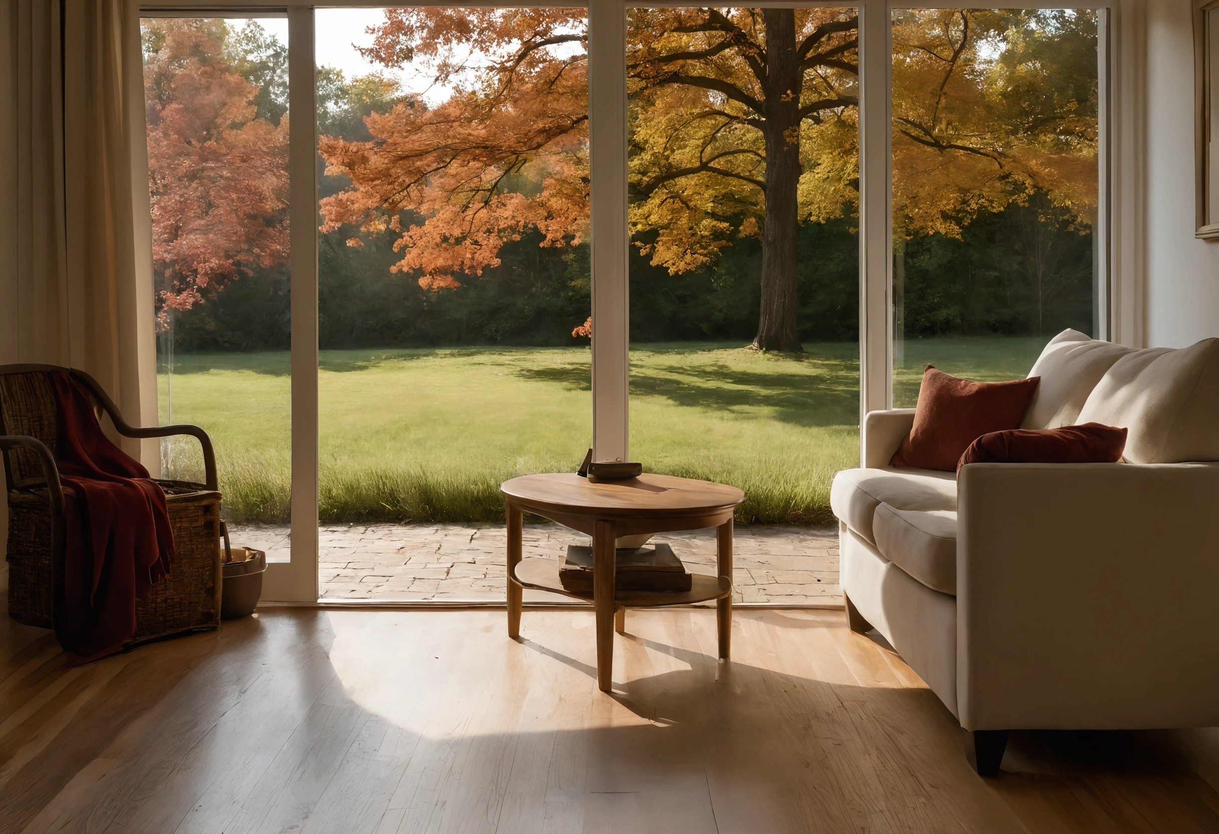 Charlotte living room with a linen sofa, rattan armchair with a red throw, round timber coffee table and sliding doors onto a lawn with autumn trees