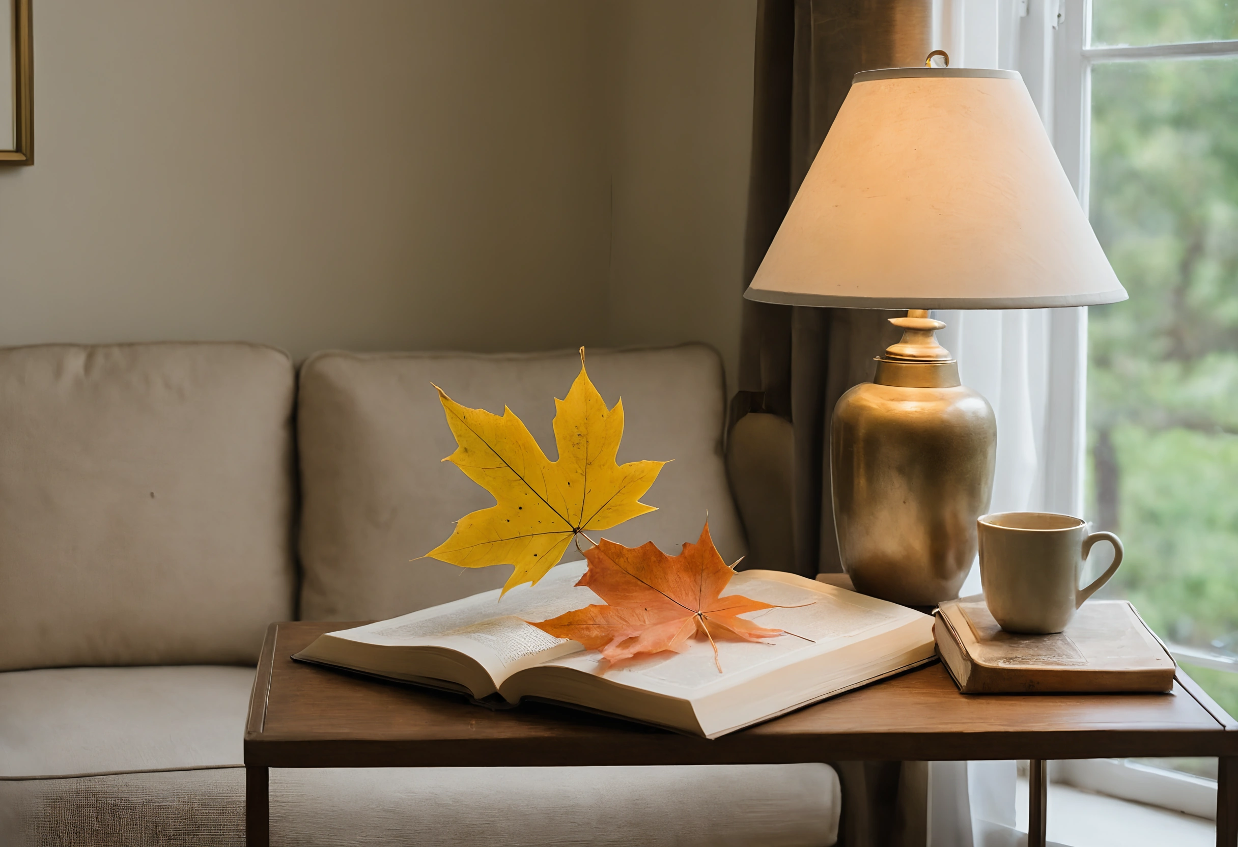 Brass table lamp, open book with maple leaves and a mug on a timber side table beside a linen sofa by a window