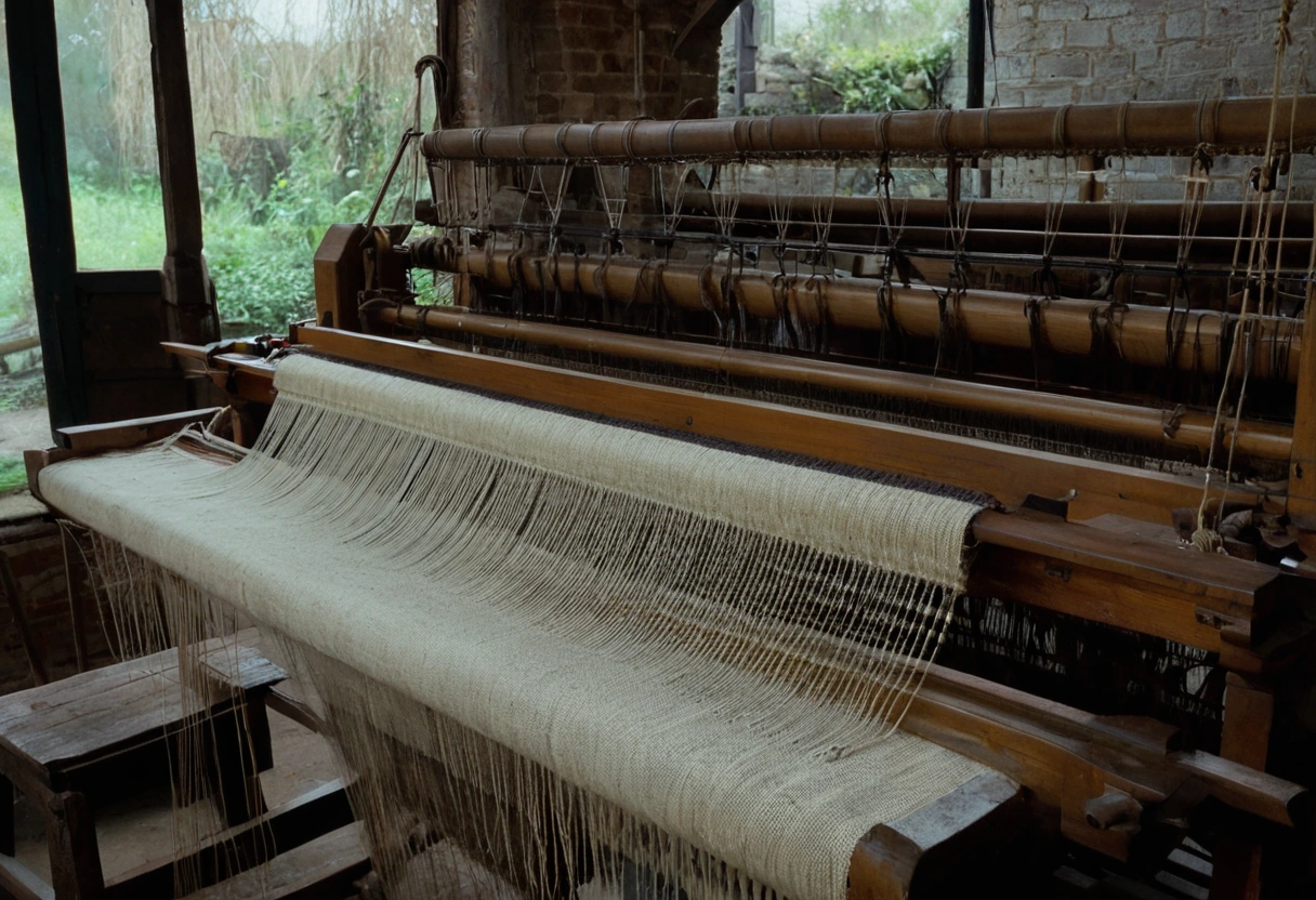 Vertical warp threads stretched on a wooden carpet loom with partly knotted pile at the lower edge