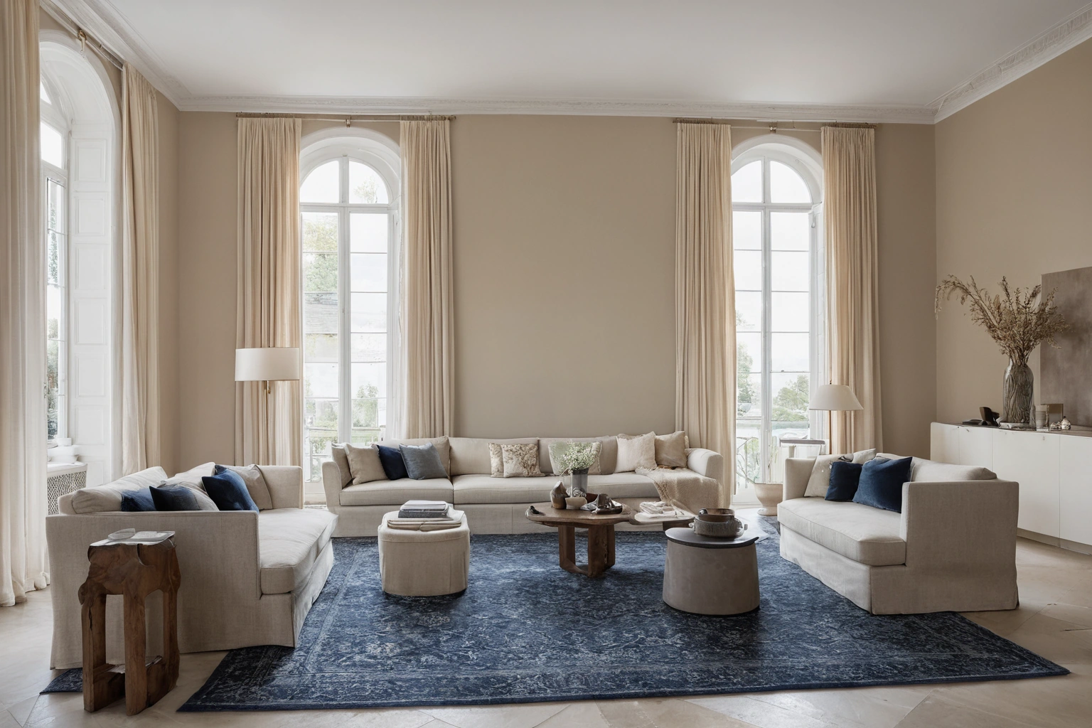 Large hand-knotted wool rug covering the floor of a minimal interior with low seating