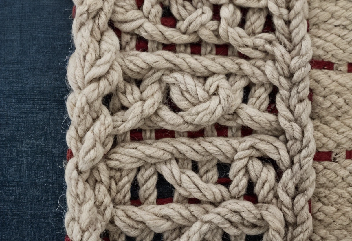 Reverse side of a hand-knotted wool rug showing the grid of individual knots and weft rows